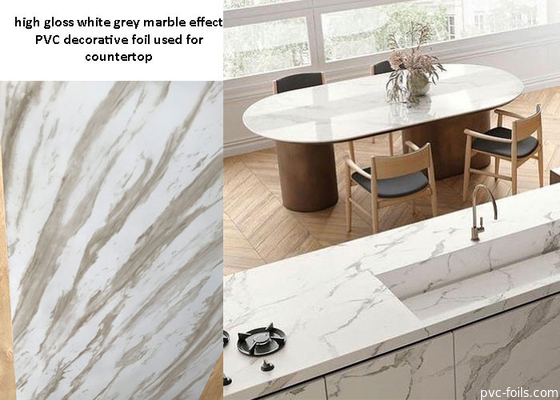 Película decorativa de PVC de efecto mármol gris blanco de alto brillo para encimera